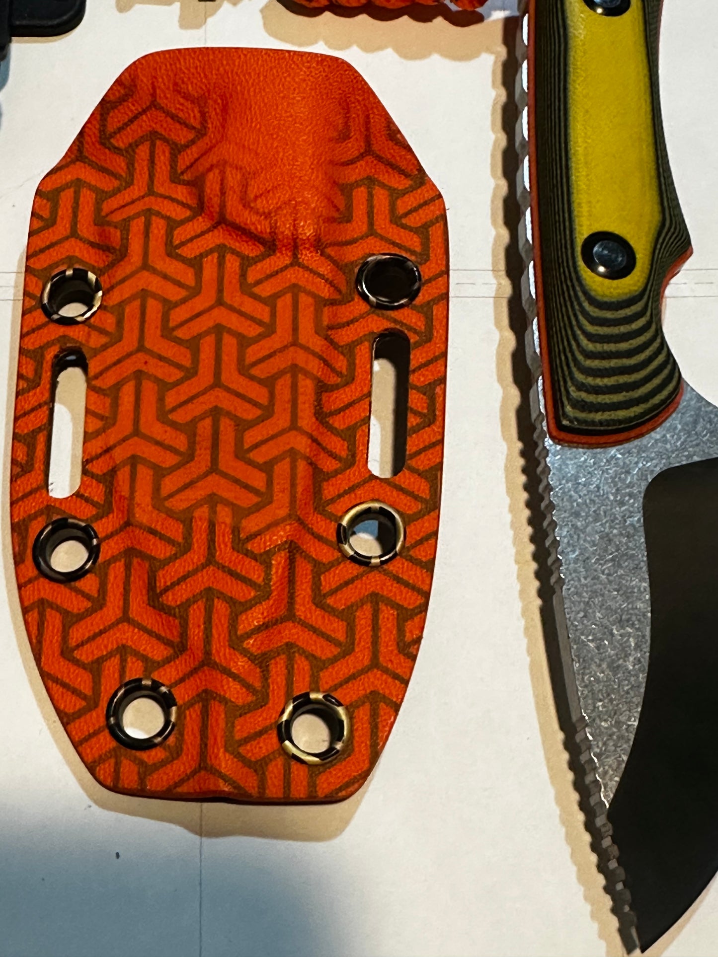 D2 Fixed Blade EDC Knife w/ Custom Orange Triangle Pattern Kydex Sheath G10 Handle Dual Carry Clips 6.3”
