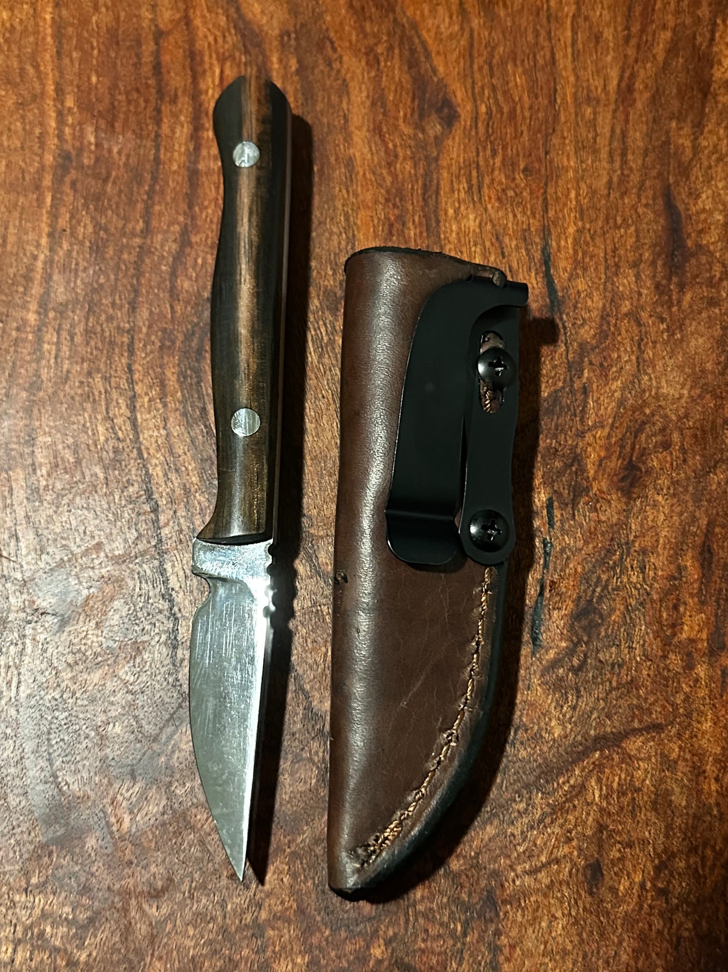 RockinEDC Flaco Fixed Blade Knife 80CrV2 High Carbon Steel Macassar Ebony handle & leather sheath Texas Made