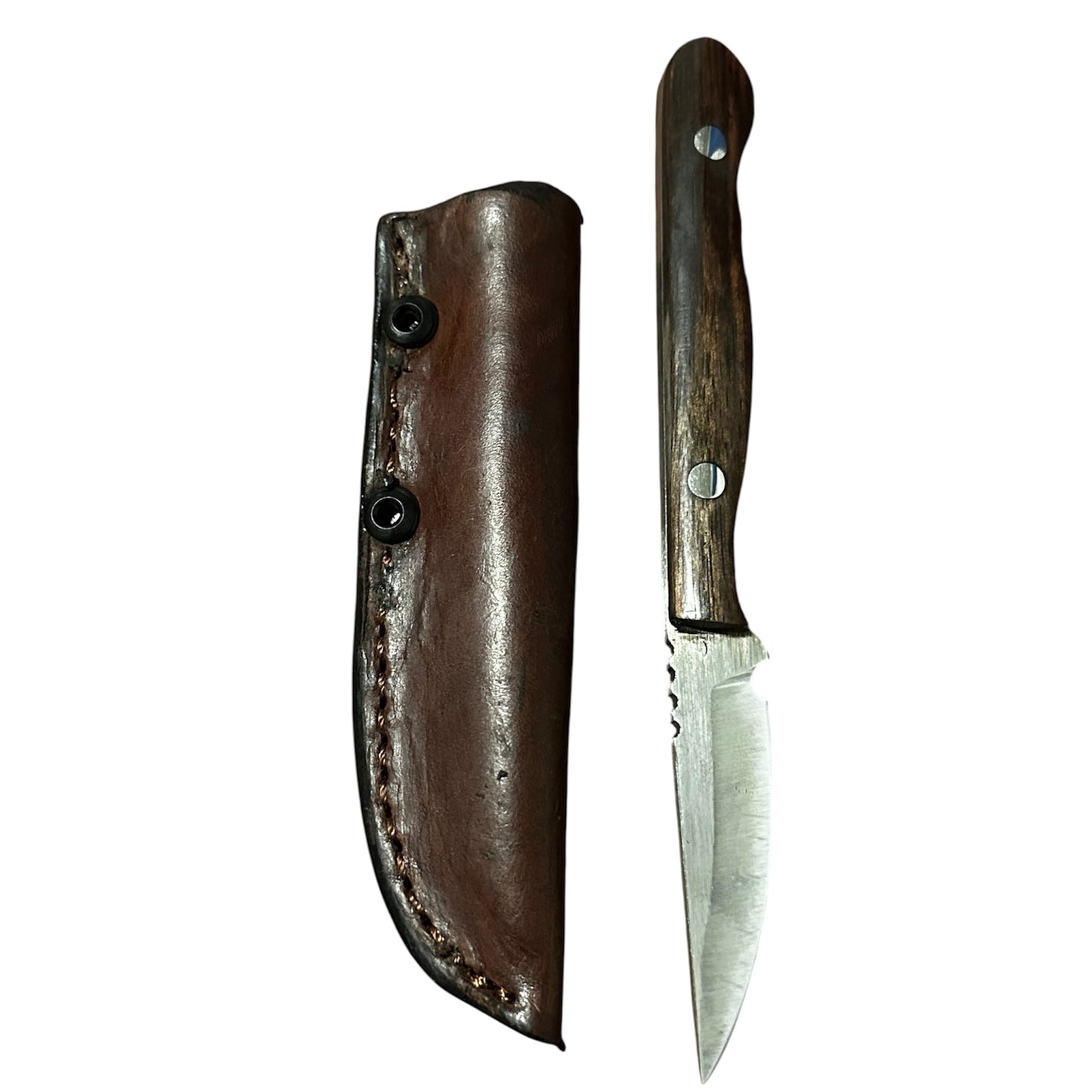 RockinEDC Flaco Fixed Blade Knife 80CrV2 High Carbon Steel Macassar Ebony handle & leather sheath USA Texas Made