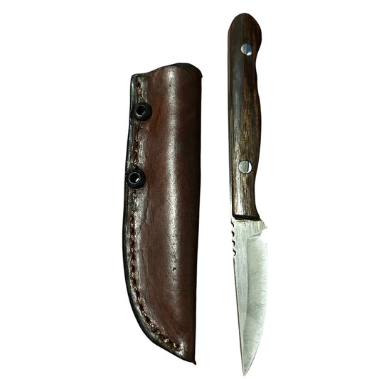 RockinEDC Flaco Fixed Blade Knife 80CrV2 High Carbon Steel Macassar Ebony handle & leather sheath USA Texas Made