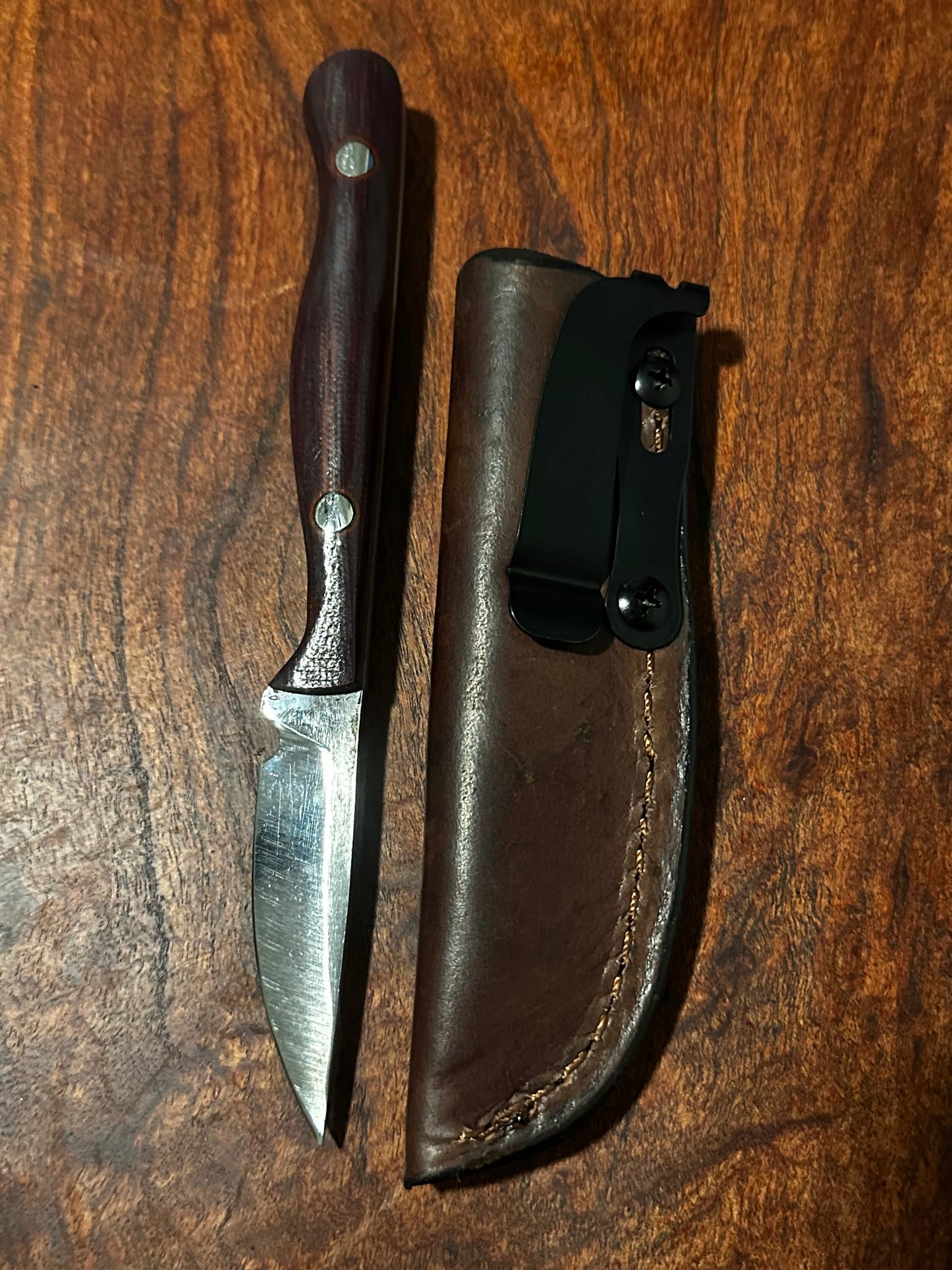 RockinEDC Flaco Fixed Blade Knife 80CrV2 High Carbon Steel Maroon Micarta handle & leather sheath USA Texas Made