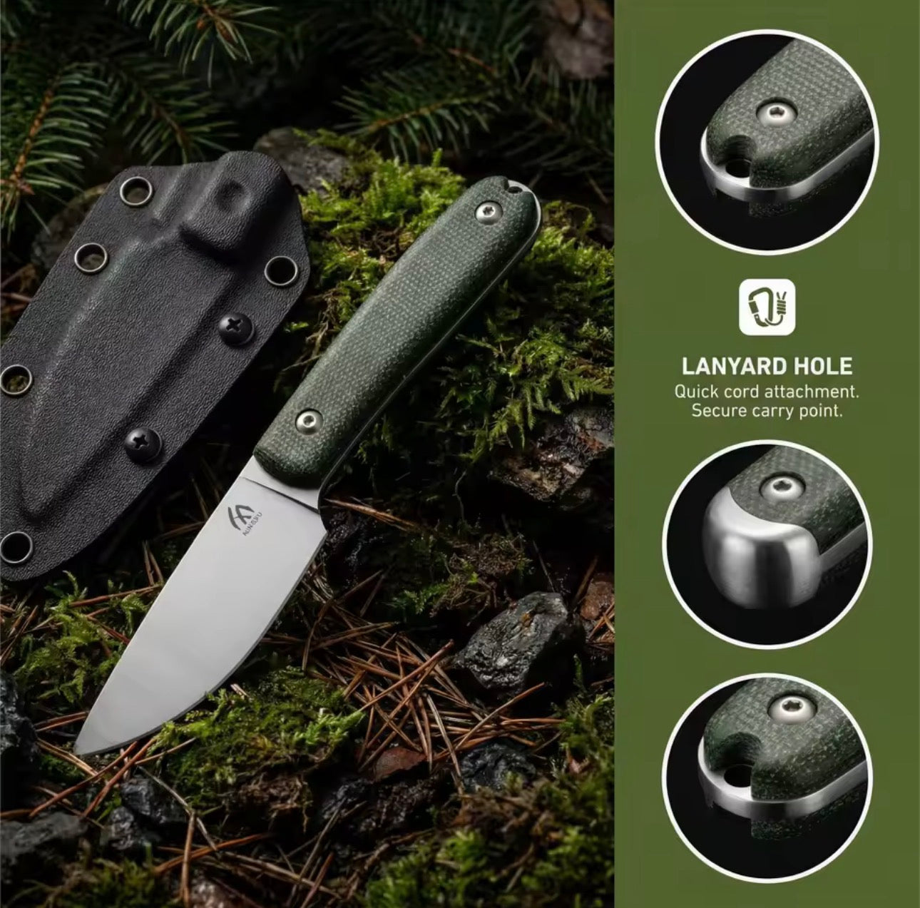 HungFu 7” Fixed Blade Knife – Green G10 Handle w/ Kydex Sheath