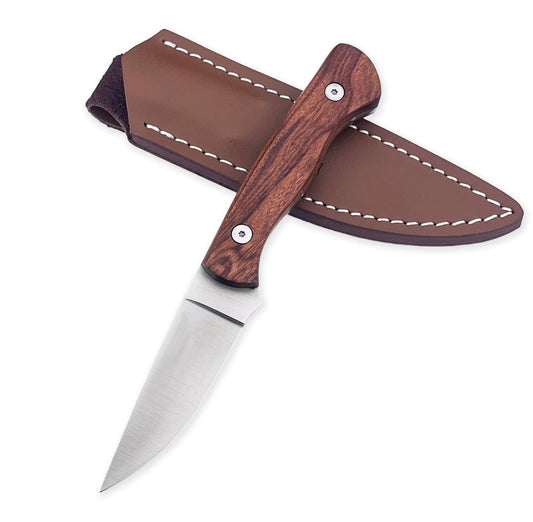 Fixed Blade Hunting Knife – 8Cr13MoV Steel w/ Wood Handle & Leather Sheath (7.8”)