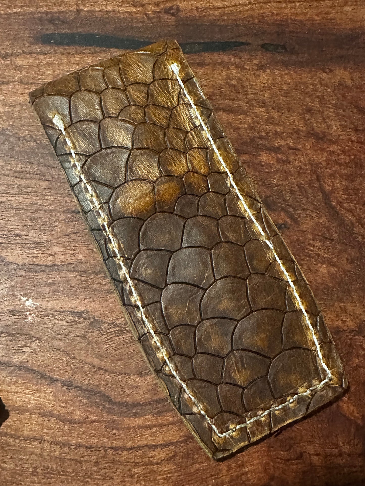 Handmade Brown Dragon Scale Leather Pen Case Two-Pen EDC Pouch White Stitching RockinEDC