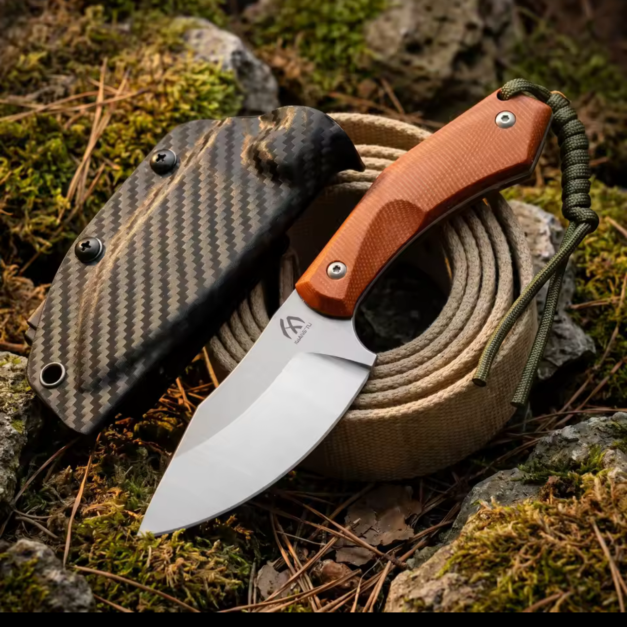 HungFu Compact Fixed Blade Knife – Brown Handle w/ Sheath Compact Tactical EDC 7” Overall