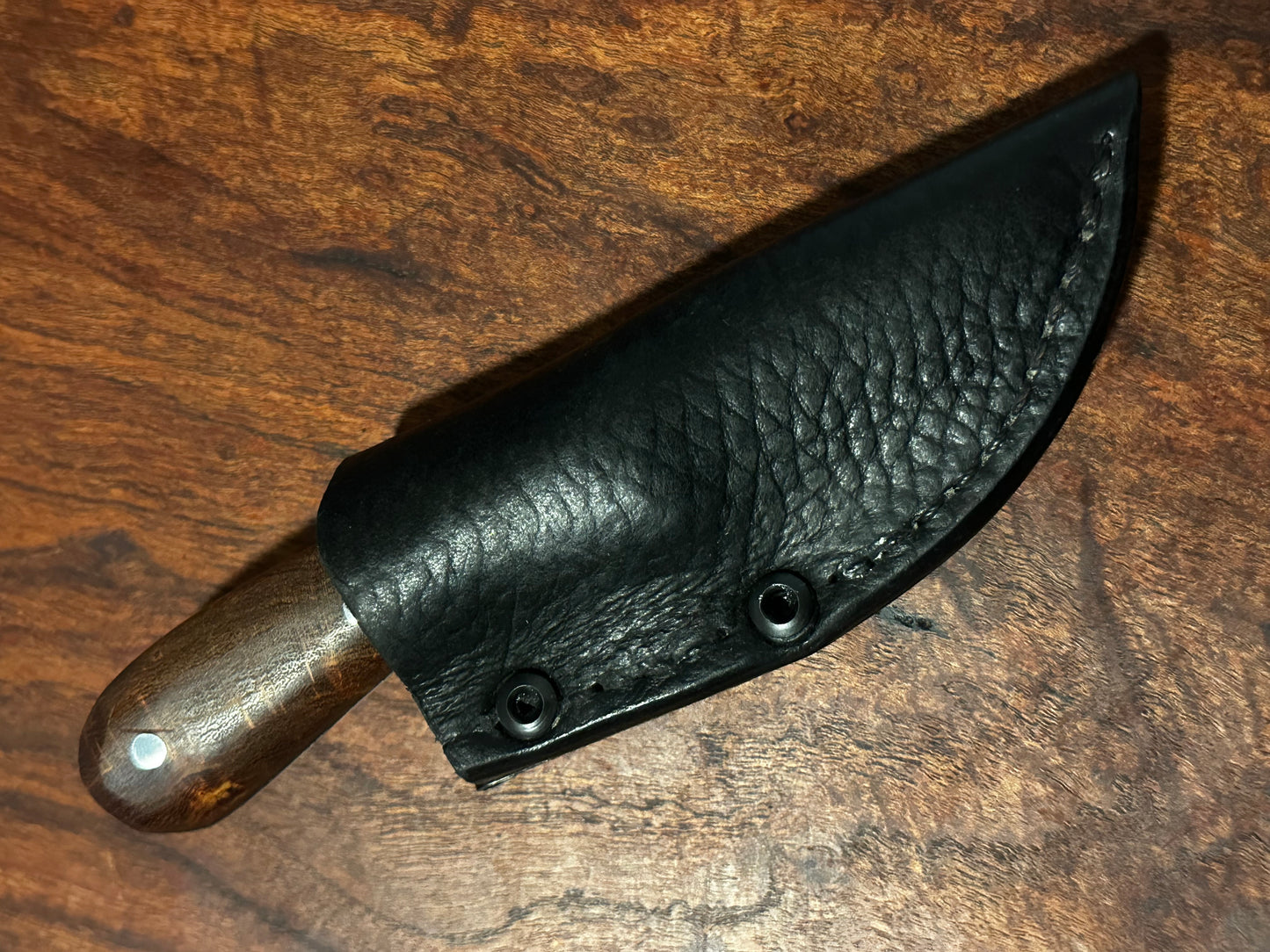 RockinEDC Blade Short Skinner Knife Forged 5160 Steel w/ Mesquite Handle & Leather Sheath