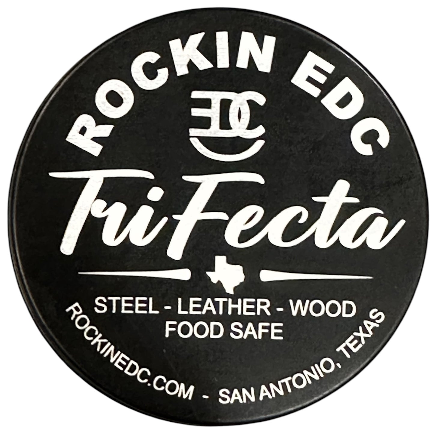 Black container with 'Rockin EDC TriFecta' branding and product details on a white background
