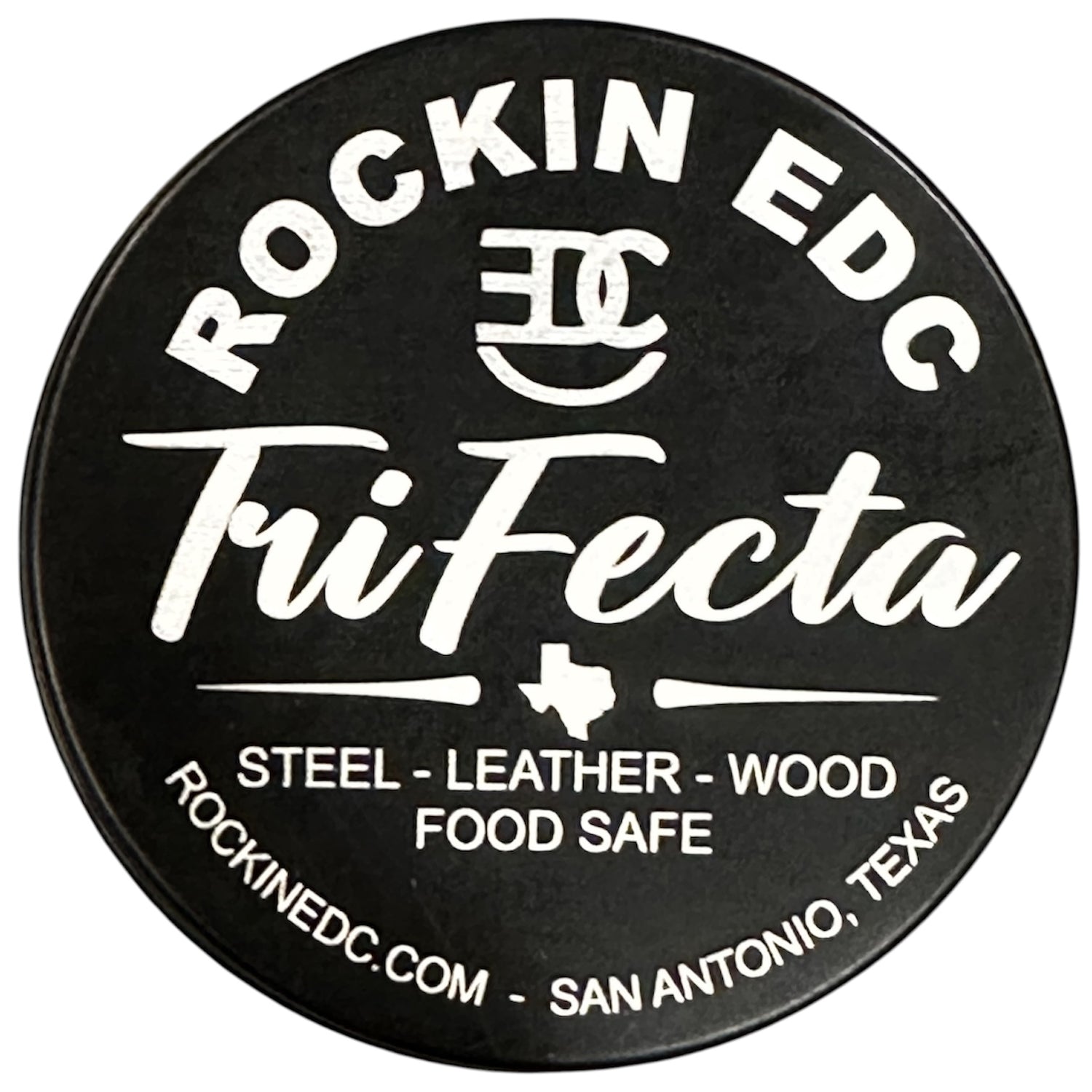Black container with 'Rockin EDC TriFecta' branding and product details on a white background