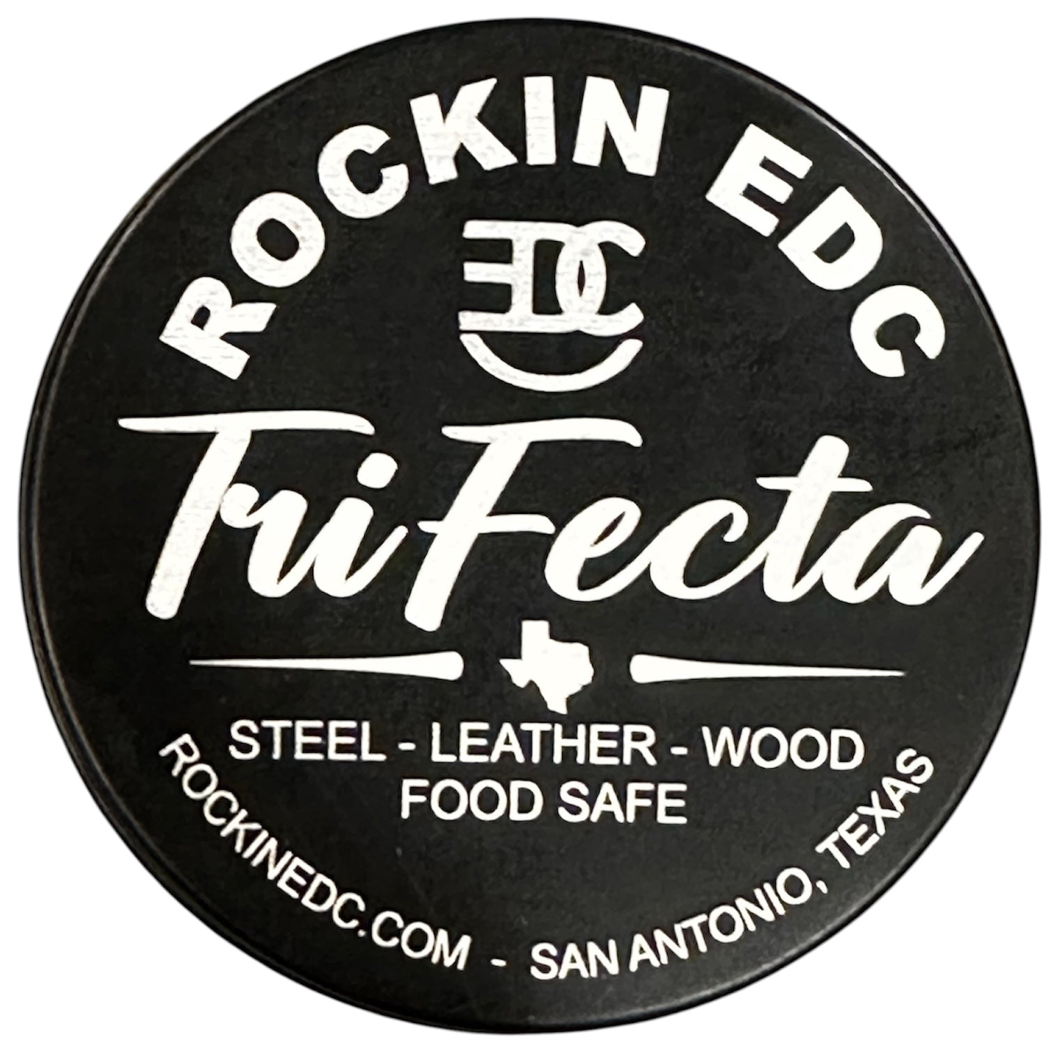 Black container with 'Rockin EDC TriFecta' branding and product details on a white background