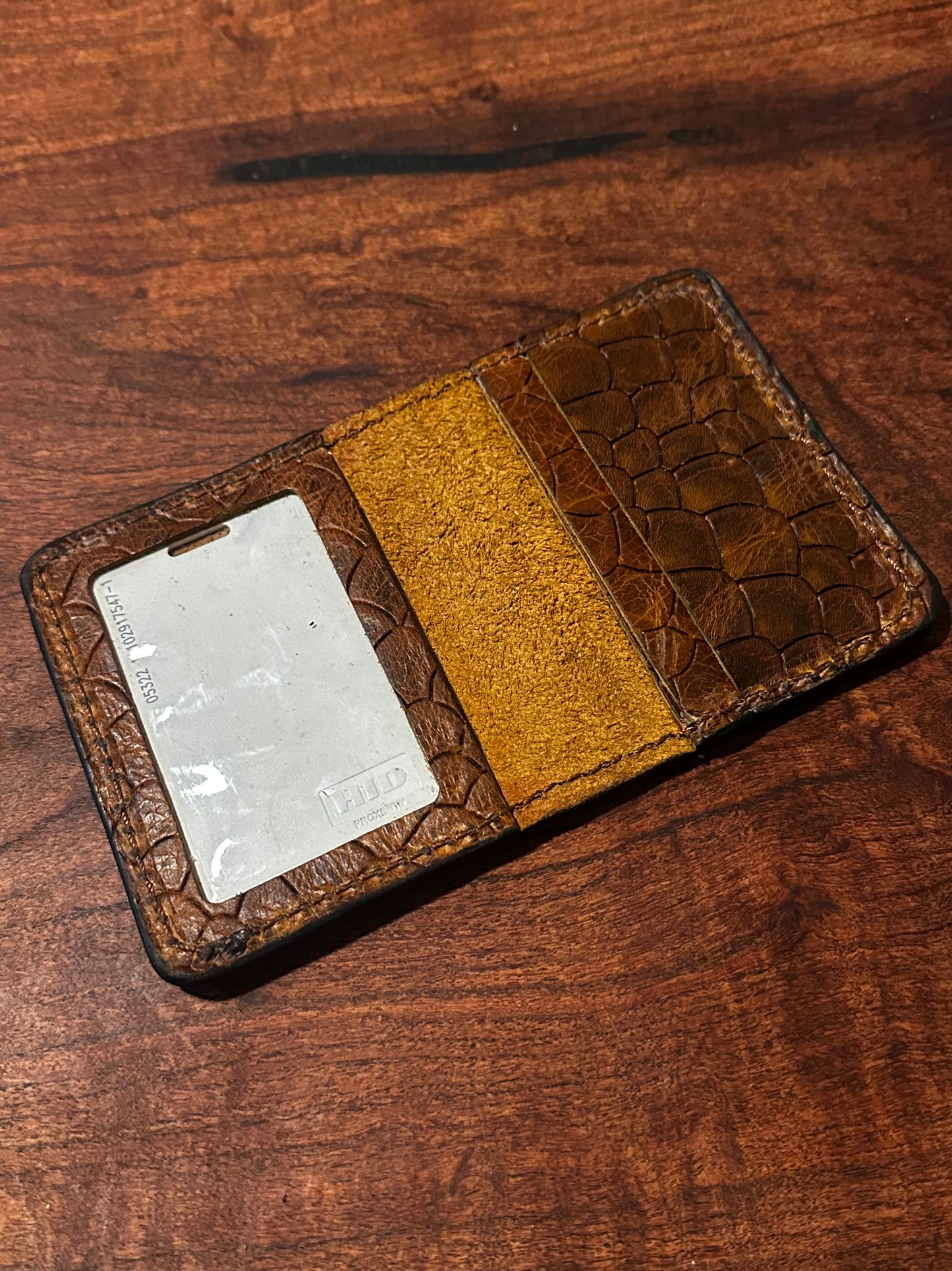 Handmade Brown Dragon Scale Leather Wallet Slim Bifold with ID Window