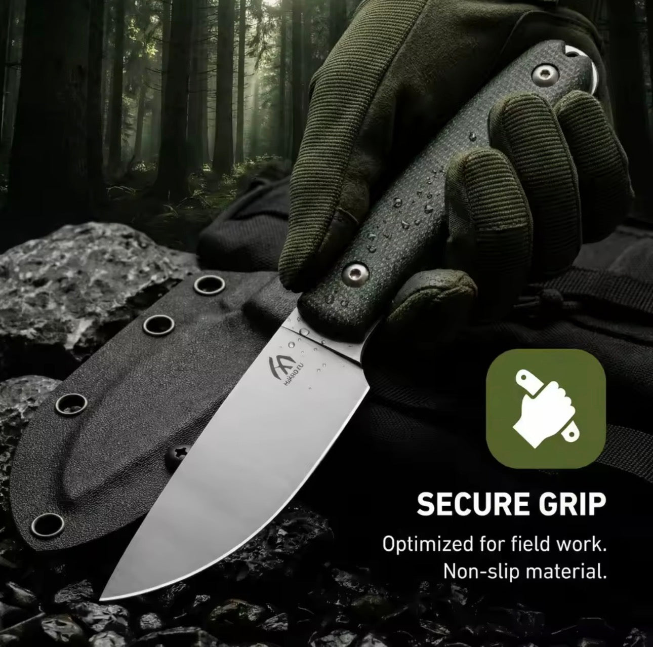 HungFu 7” Fixed Blade Knife – Green G10 Handle w/ Kydex Sheath