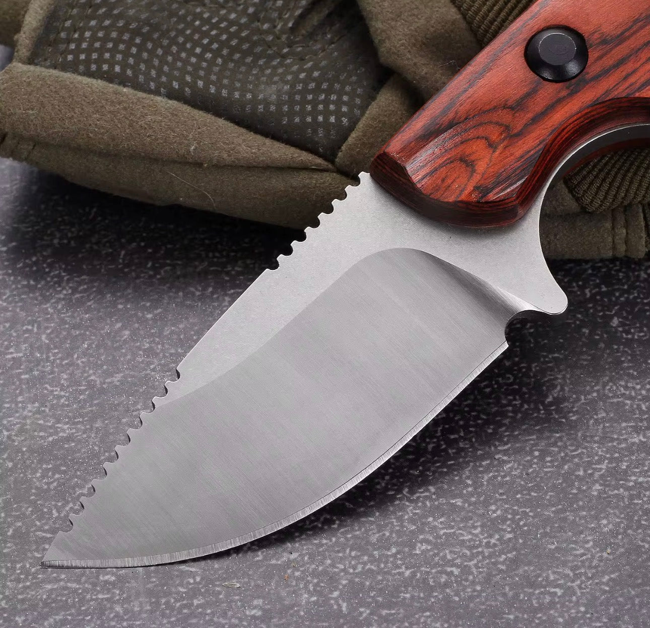 Compact Fixed Blade Knife – 8Cr13MoV Steel w/ Wood Handle & Leather Sheath (7.7”)