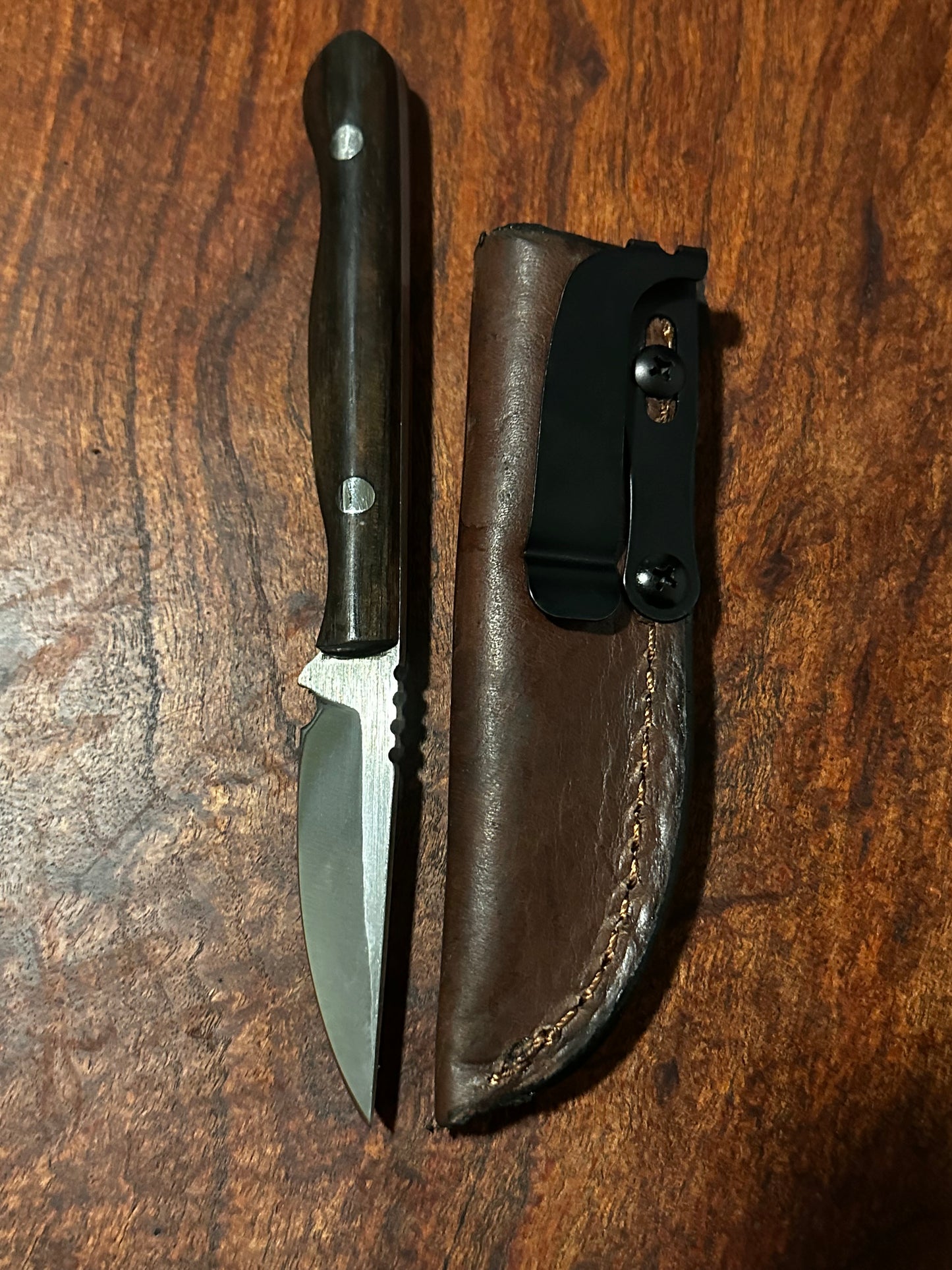 RockinEDC Flaco Fixed Blade Knife 80CrV2 High Carbon Steel Macassar Ebony handle & leather sheath USA Texas Made