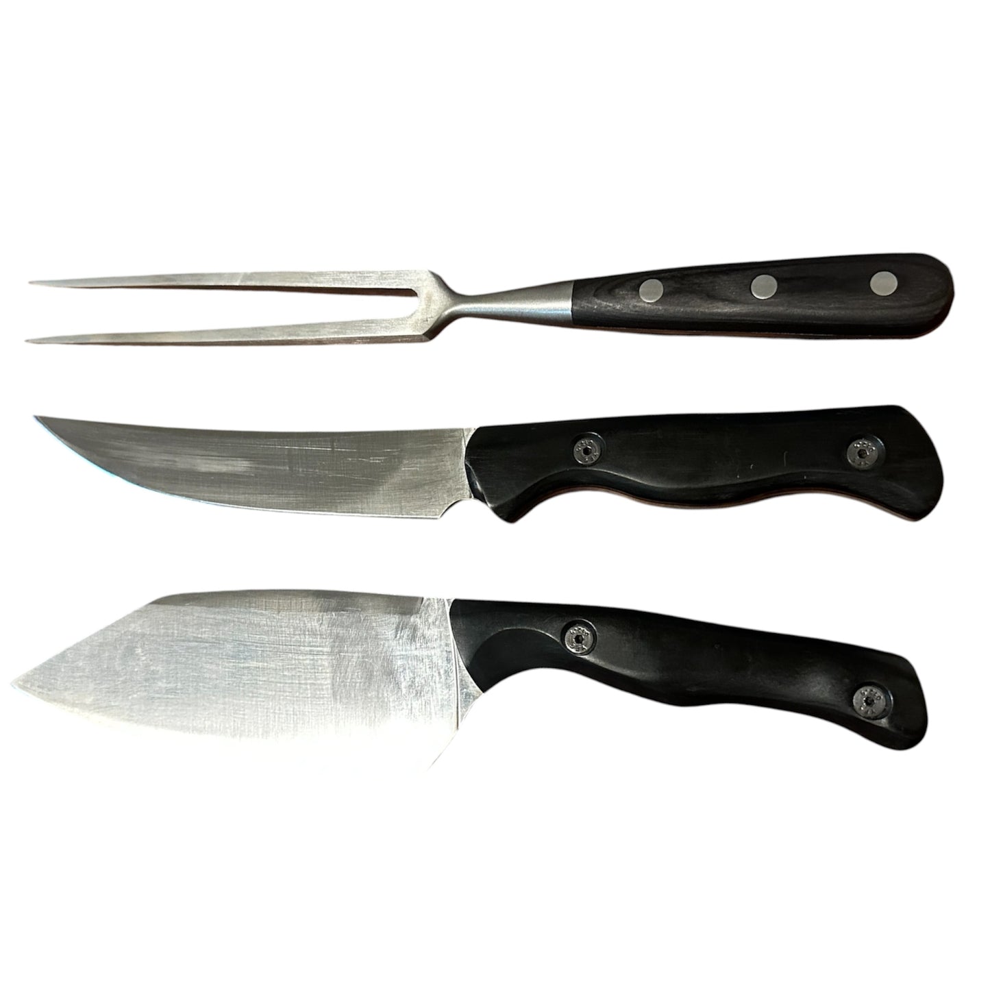 Custom Handled Stainless Kitchen Knife Cleaver & Carving Fork 3 Pc Set