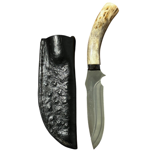 RockinEDC Handmade D2 Steel Hunting Knife – Whitetail Antler Handle w/ Handmade Floral Pattern Leather Sheath (005)