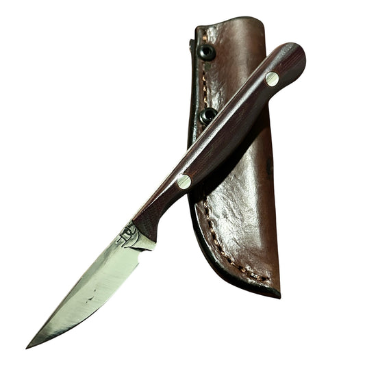 RockinEDC Flaco Fixed Blade Knife 80CrV2 High Carbon Steel Maroon Micarta handle & leather sheath USA Texas Made