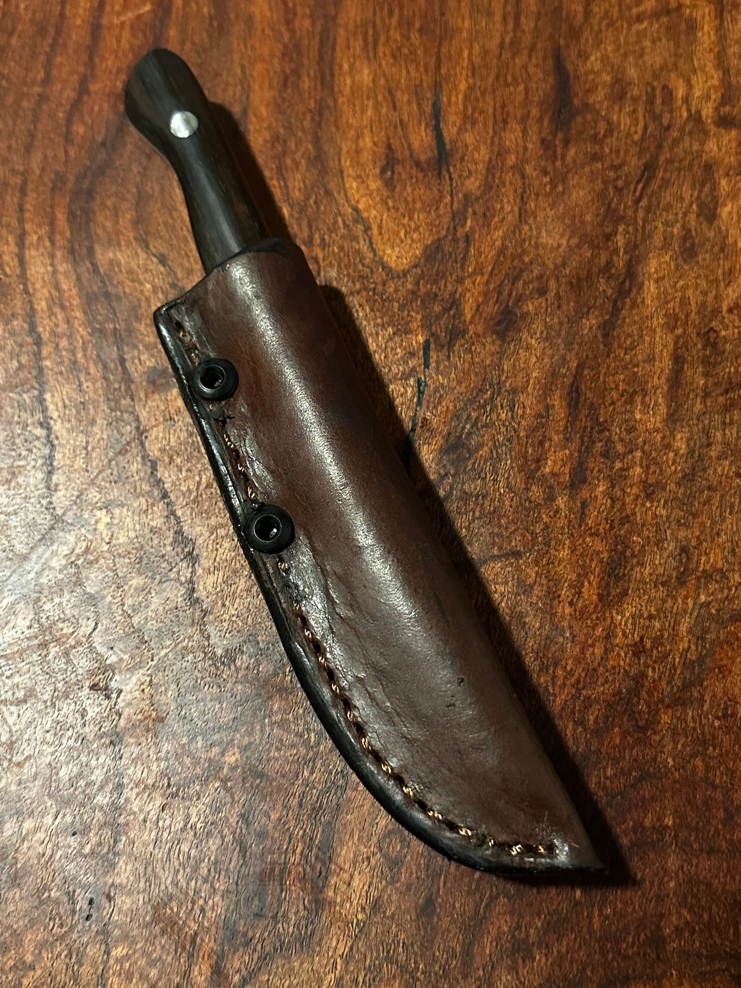 RockinEDC Flaco Fixed Blade Knife 80CrV2 High Carbon Steel Macassar Ebony handle & leather sheath USA Texas Made