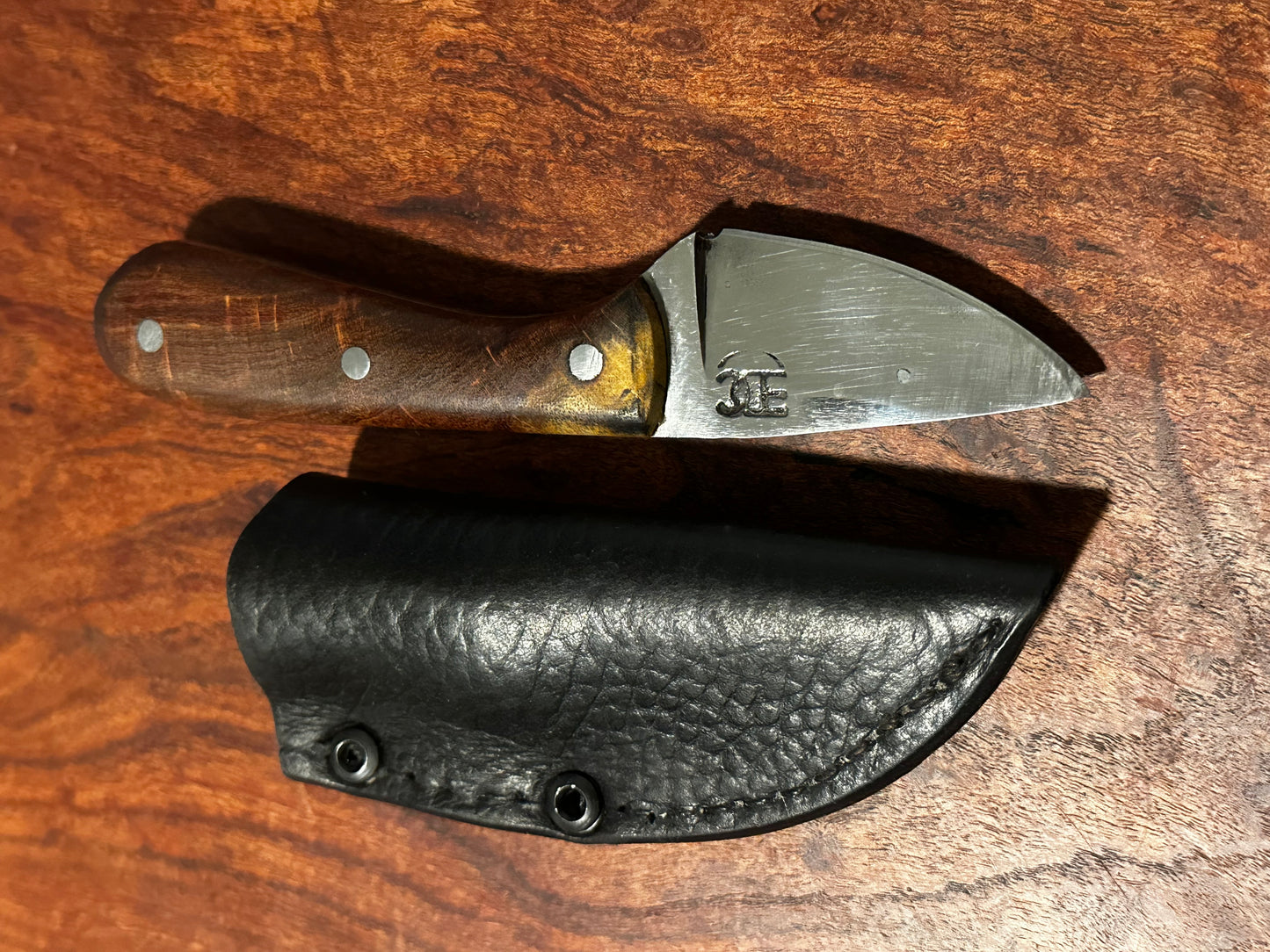 RockinEDC Blade Short Skinner Knife Forged 5160 Steel w/ Mesquite Handle & Leather Sheath
