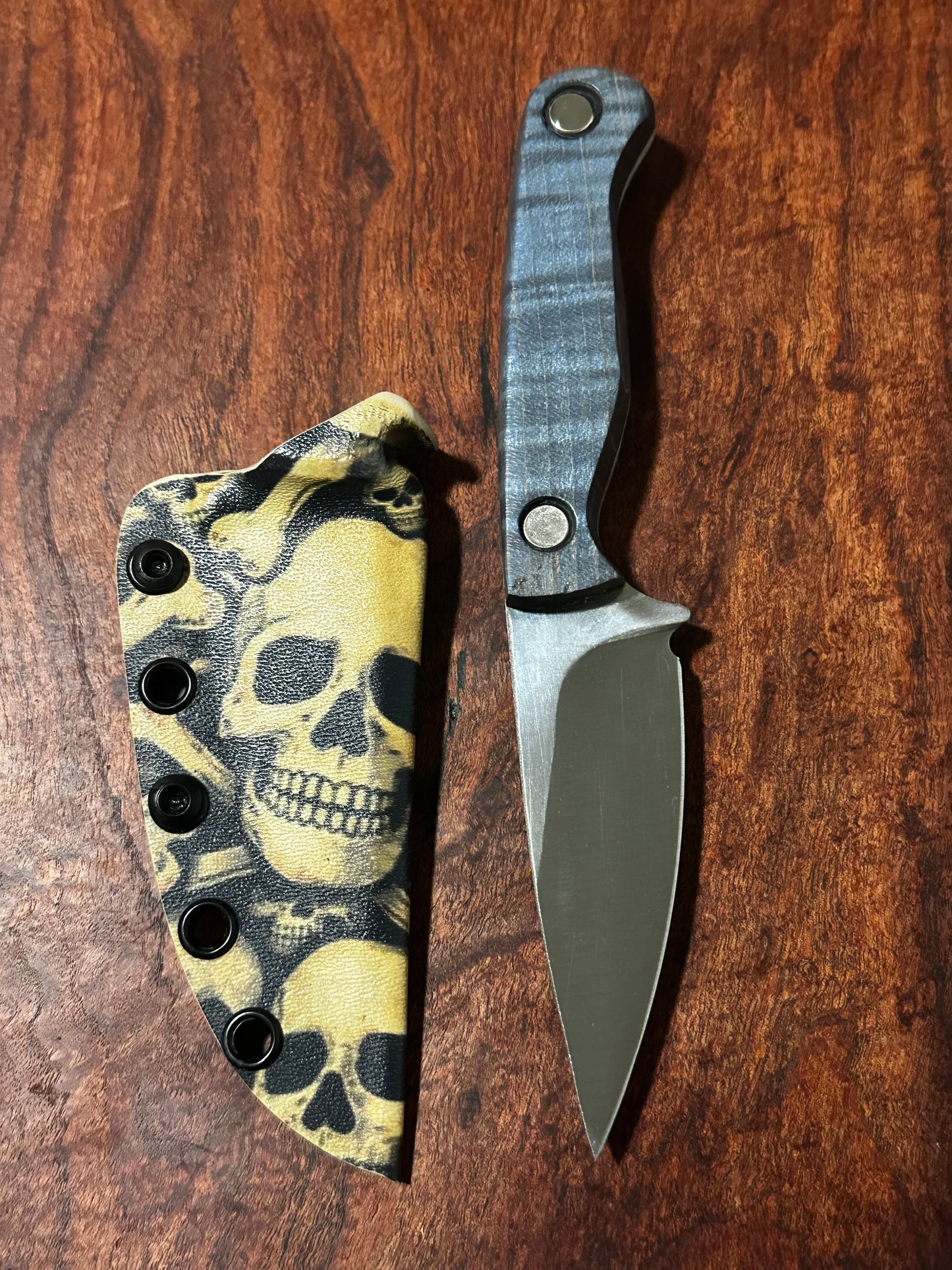 Bracero Fixed Blade Hunting Knife 8Cr13MoV Steel w/ Blue Maple Burl Handle Skull Kydex Sheath