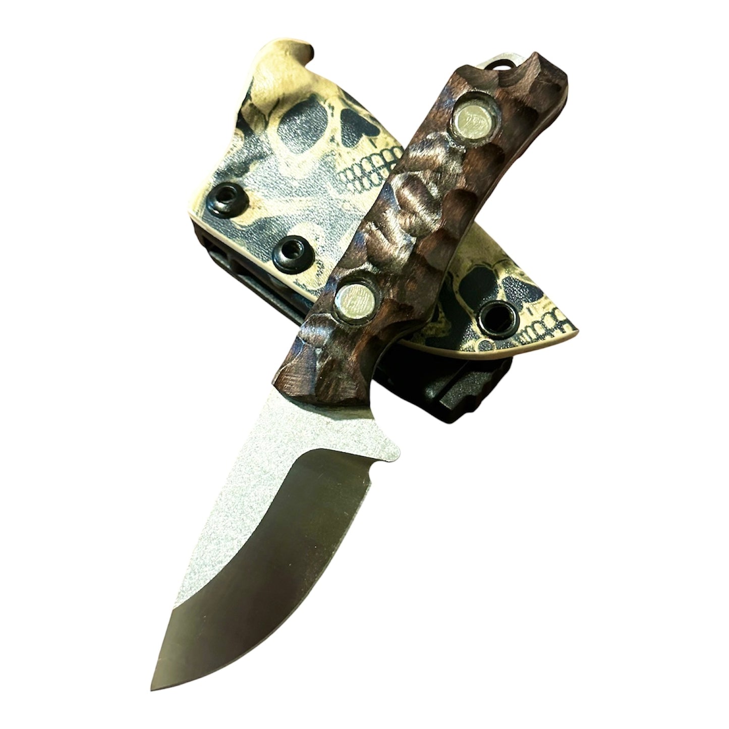 Handmade 8Cr13MoV Fixed Blade EDC Knife 2.375” Blade Bocote  Handle with Skull Kydex Sheat