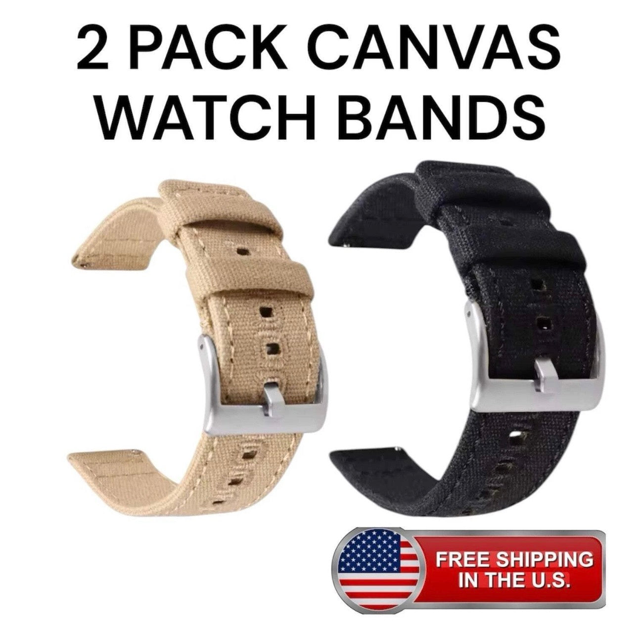 2 Pack 20mm Canvas Watch Bands Desert Brown & Black Military Style Rugged Field Watch Straps