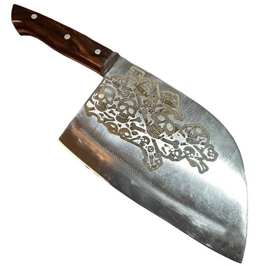 1095 Carbon Steel Cleaver 11X4 Skull Engraved w/ Leather Sheath Handmade BBQ
