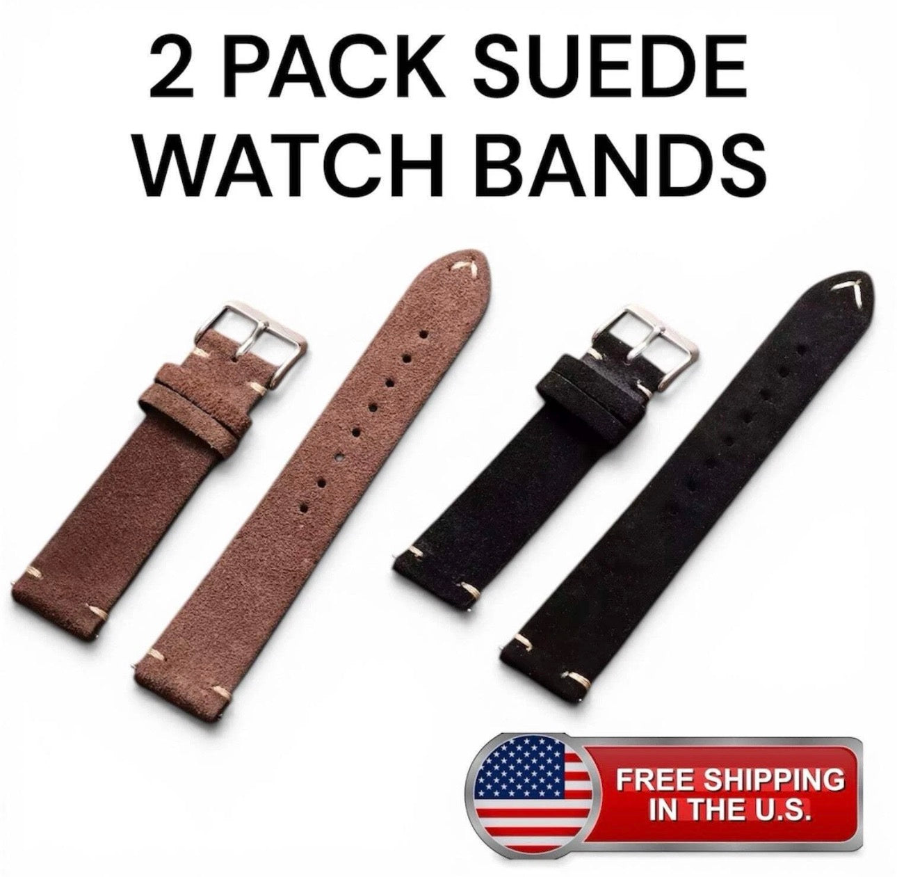 2 Pack 22mm Vintage Suede Leather Watch Bands Soft Brown & Black Watch Straps Quick Release