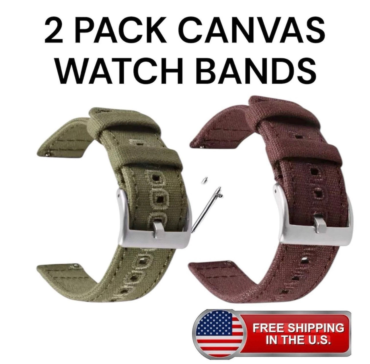 2 Pack 20mm Canvas Watch Bands | Rugged Olive Green Dark Brown Field Straps