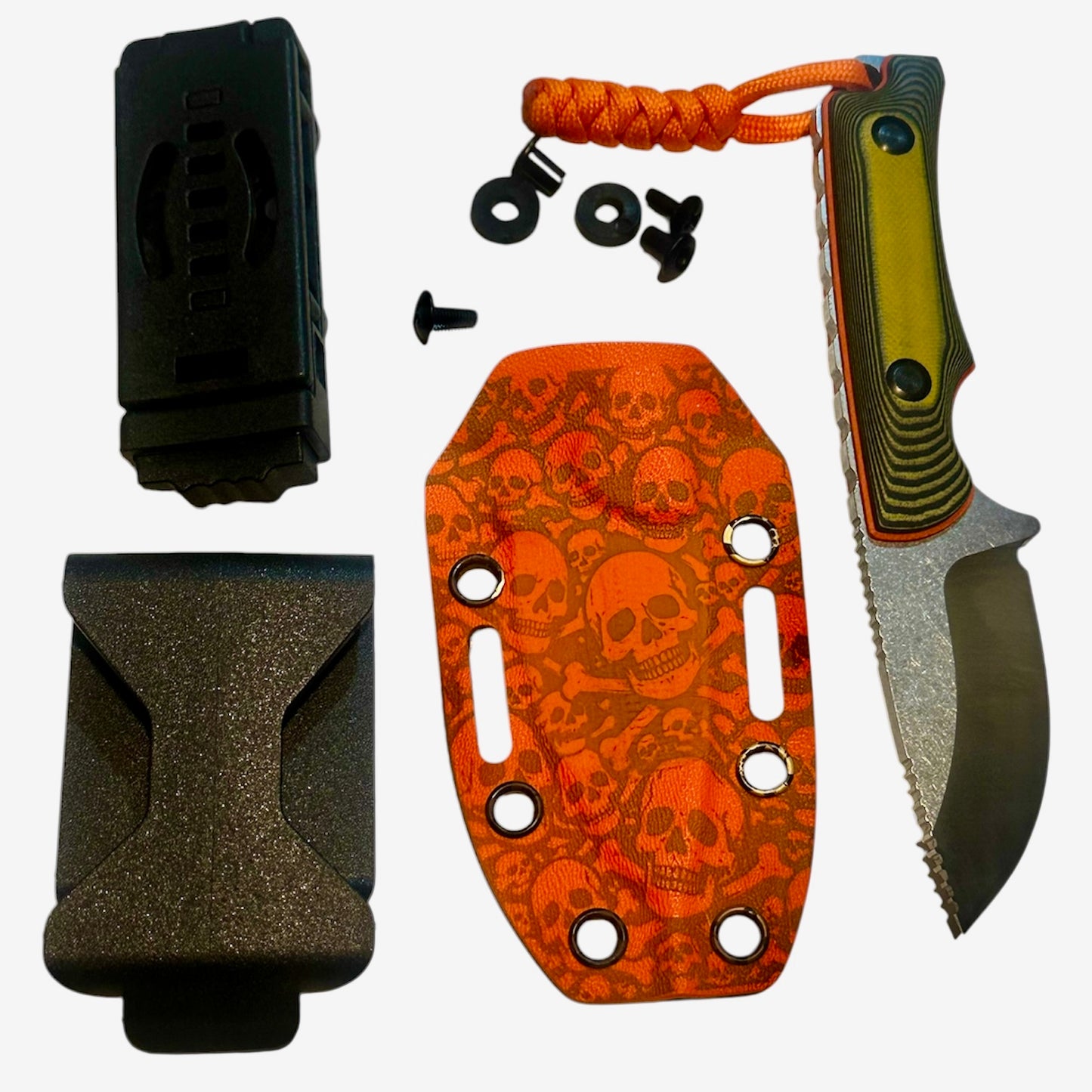 D2 Fixed Blade EDC Knife w/ Custom Orange Skull & Bones Pattern Kydex Sheath G10 Handle Dual Carry Clips 6.3”