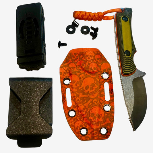 D2 Fixed Blade EDC Knife w/ Custom Orange Skull & Bones Pattern Kydex Sheath G10 Handle Dual Carry Clips 6.3”