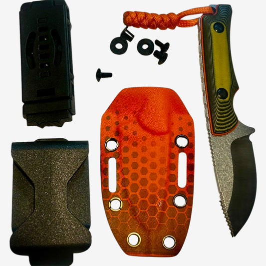 D2 Fixed Blade EDC Knife w/ Custom Orange Octagon Pattern Kydex Sheath G10 Handle Dual Carry Clips 6.3”