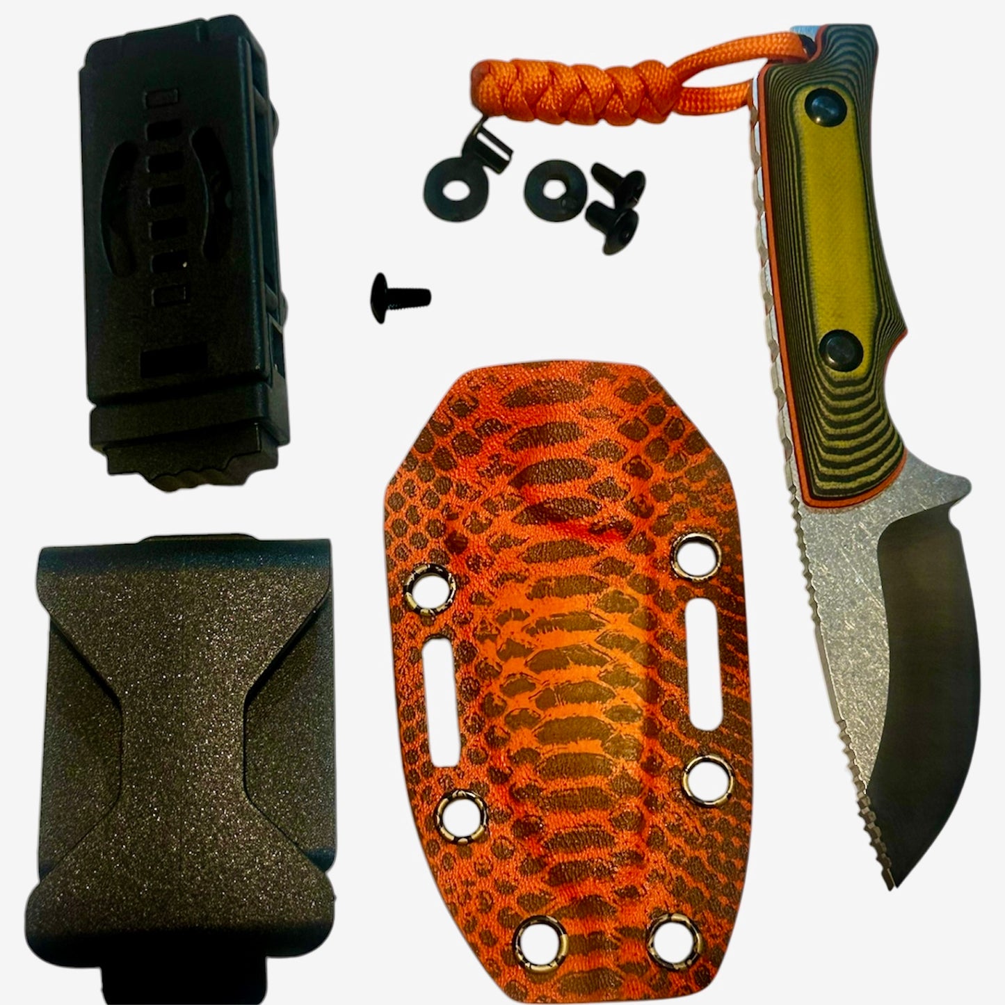 D2 Fixed Blade EDC Knife w/ Custom Orange Snake Skin Pattern Kydex Sheath G10 Handle Dual Carry Clips 6.3”