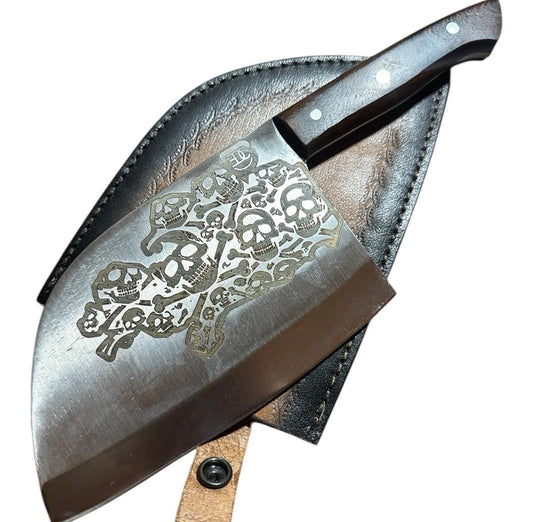 1095 Carbon Steel Cleaver 11X4 Skull Engraved w/ Leather Sheath Handmade BBQ