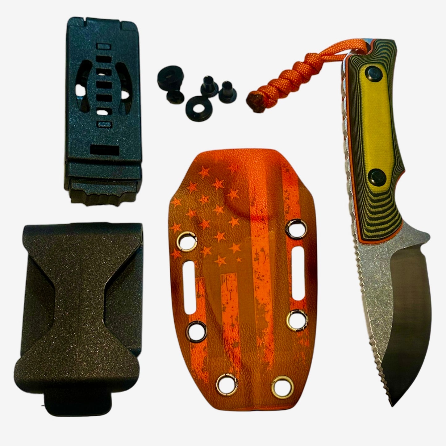 D2 Fixed Blade EDC Knife w/ Custom Orange USA Patriot Flag Pattern Kydex Sheath G10 Handle Dual Carry Clips 6.3”