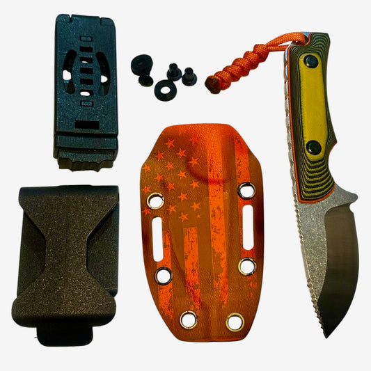 D2 Fixed Blade EDC Knife w/ Custom Orange USA Patriot Flag Pattern Kydex Sheath G10 Handle Dual Carry Clips 6.3”