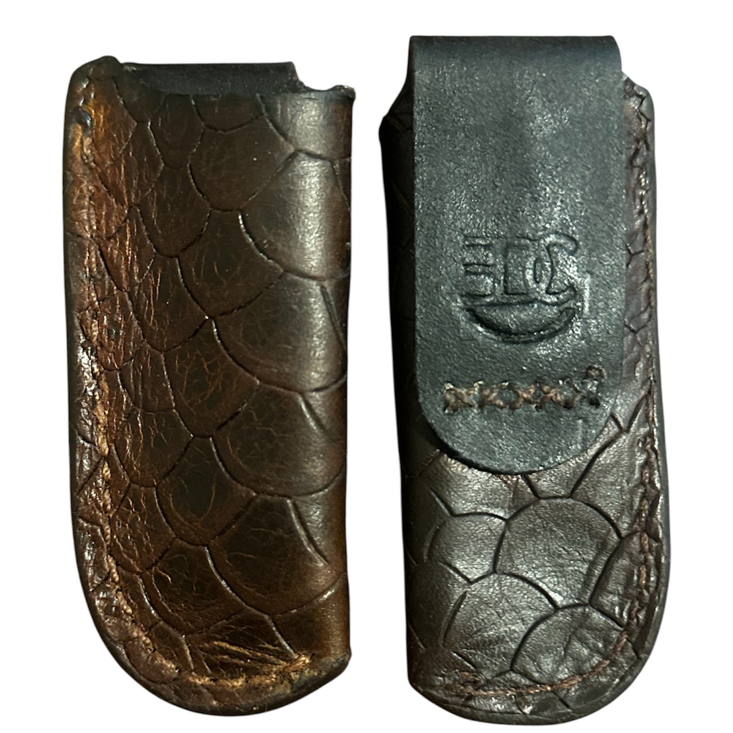 Handmade Tooled Genuine Leather Sheath for Boker, Case, Trapper, or Stockman 4.25 Style Pocket Knives. Dark Brown Dragón Scaled Pattern #RockinEDC