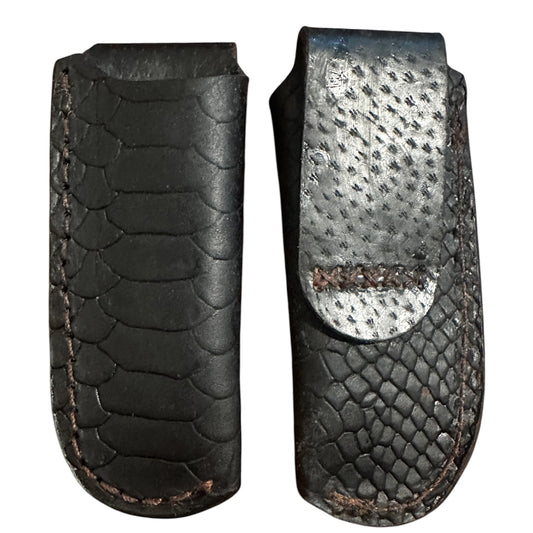 Handmade Tooled Genuine Leather Sheath for Boker, Case, Trapper, or Stockman 4.25 Style Pocket Knives. Black Python Pattern #RockinEDC