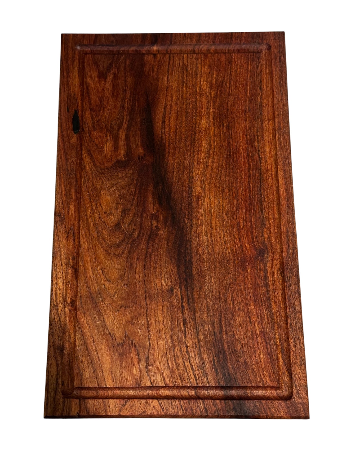 RockinEDC Solid Mesquite Cutting Board Black Epoxy Accents Juice Grooves Rubber Feet 14.25x8.5X.8