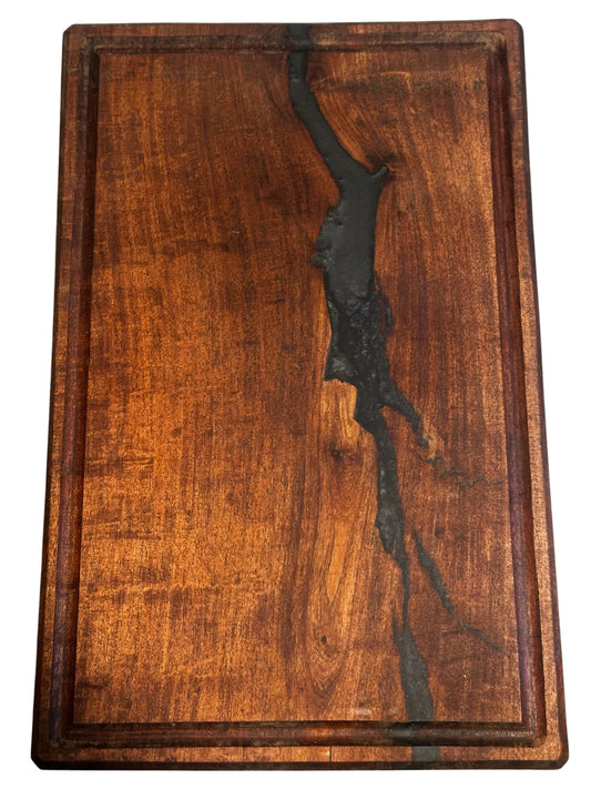 RockinEDC 16.25” x 10.5” x 1.6” Solid Mesquite River Cutting Board – Black Epoxy Edition