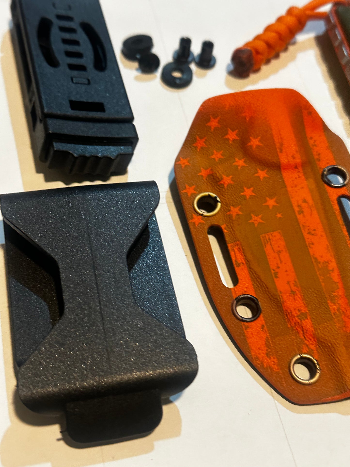 D2 Fixed Blade EDC Knife w/ Custom Orange USA Patriot Flag Pattern Kydex Sheath G10 Handle Dual Carry Clips 6.3”