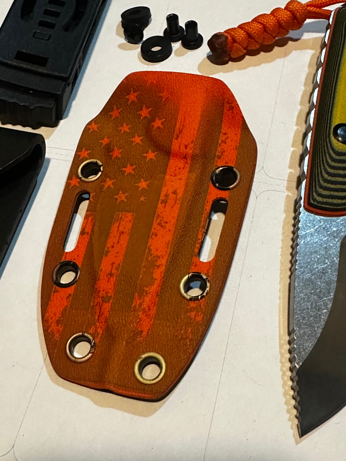 D2 Fixed Blade EDC Knife w/ Custom Orange USA Patriot Flag Pattern Kydex Sheath G10 Handle Dual Carry Clips 6.3”