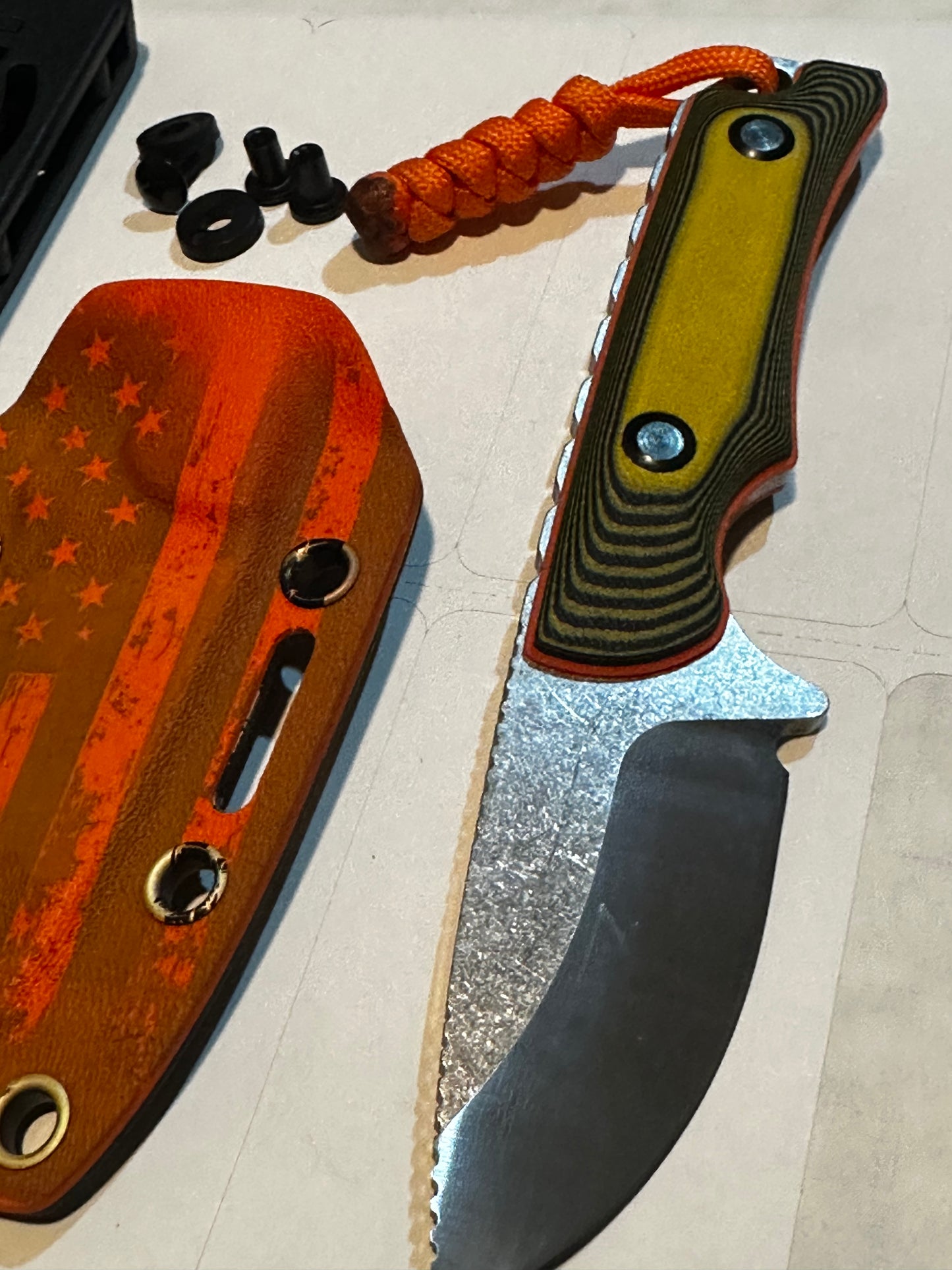 D2 Fixed Blade EDC Knife w/ Custom Orange USA Patriot Flag Pattern Kydex Sheath G10 Handle Dual Carry Clips 6.3”