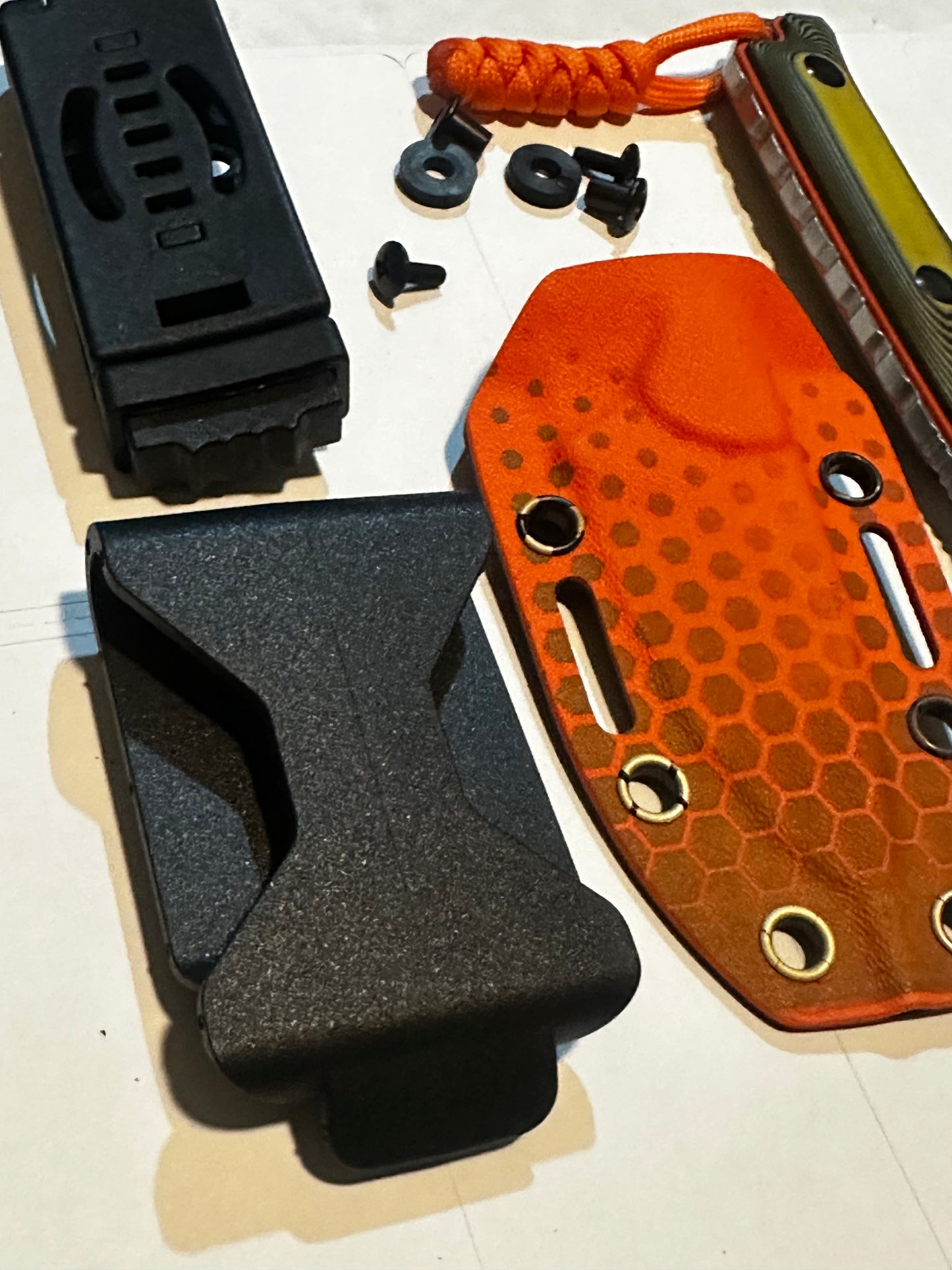 D2 Fixed Blade EDC Knife w/ Custom Orange Octagon Pattern Kydex Sheath G10 Handle Dual Carry Clips 6.3”