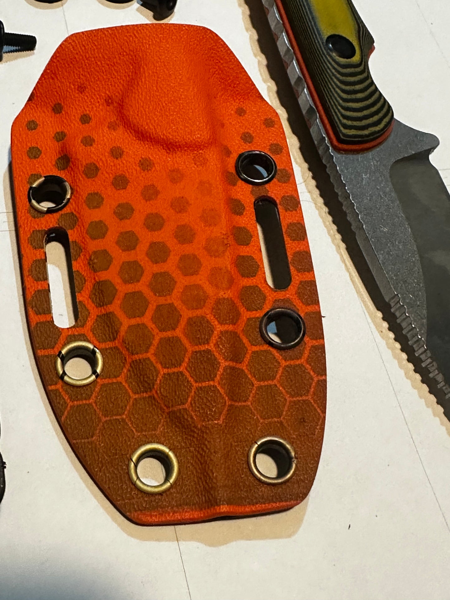 D2 Fixed Blade EDC Knife w/ Custom Orange Octagon Pattern Kydex Sheath G10 Handle Dual Carry Clips 6.3”