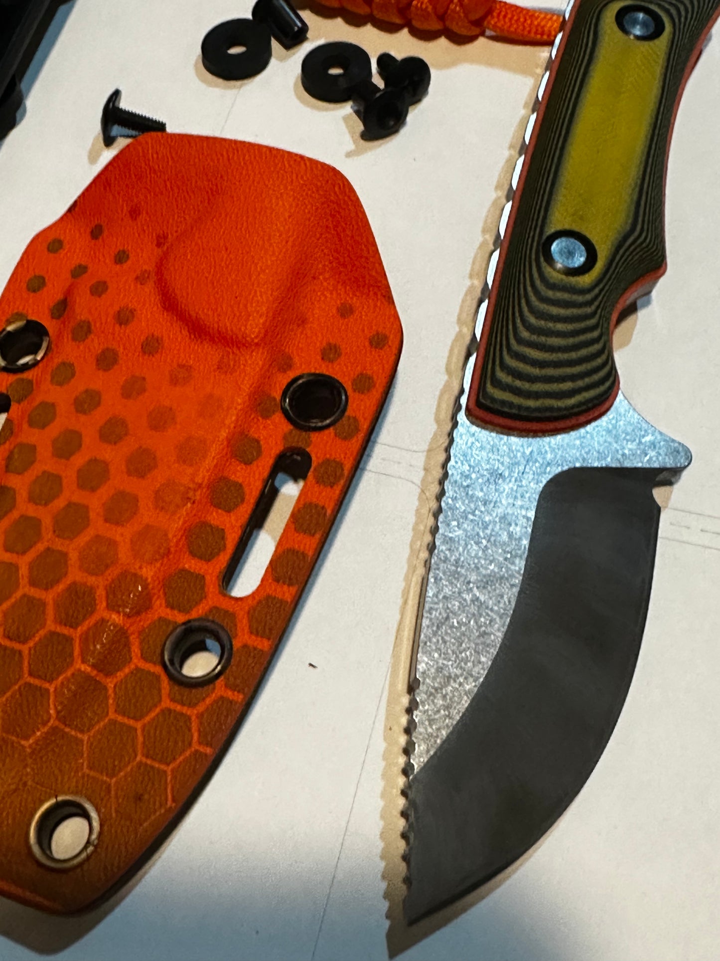 D2 Fixed Blade EDC Knife w/ Custom Orange Octagon Pattern Kydex Sheath G10 Handle Dual Carry Clips 6.3”