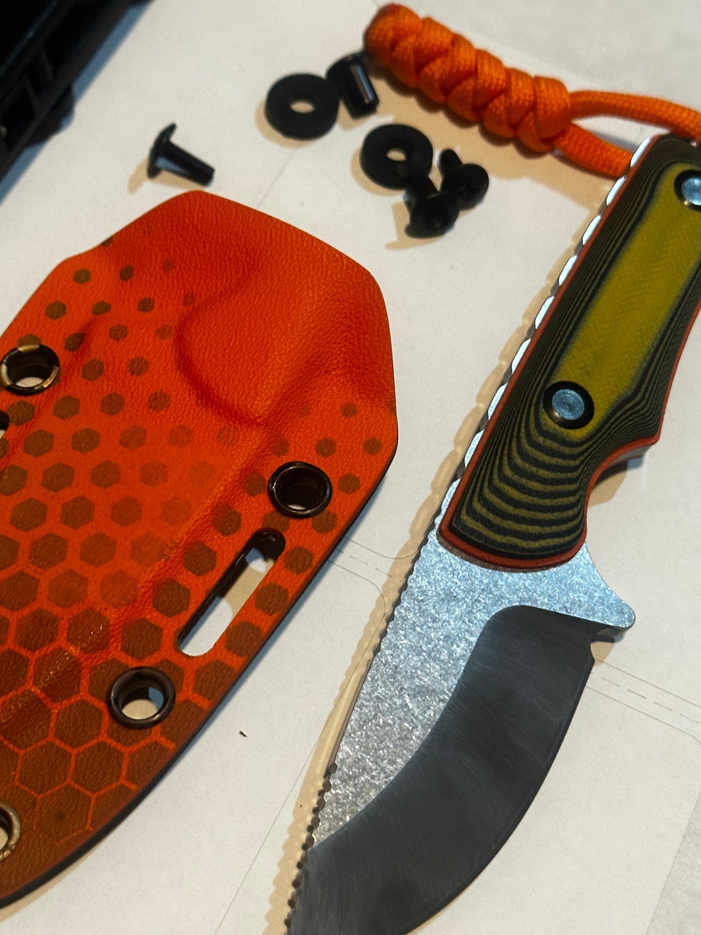 D2 Fixed Blade EDC Knife w/ Custom Orange Octagon Pattern Kydex Sheath G10 Handle Dual Carry Clips 6.3”