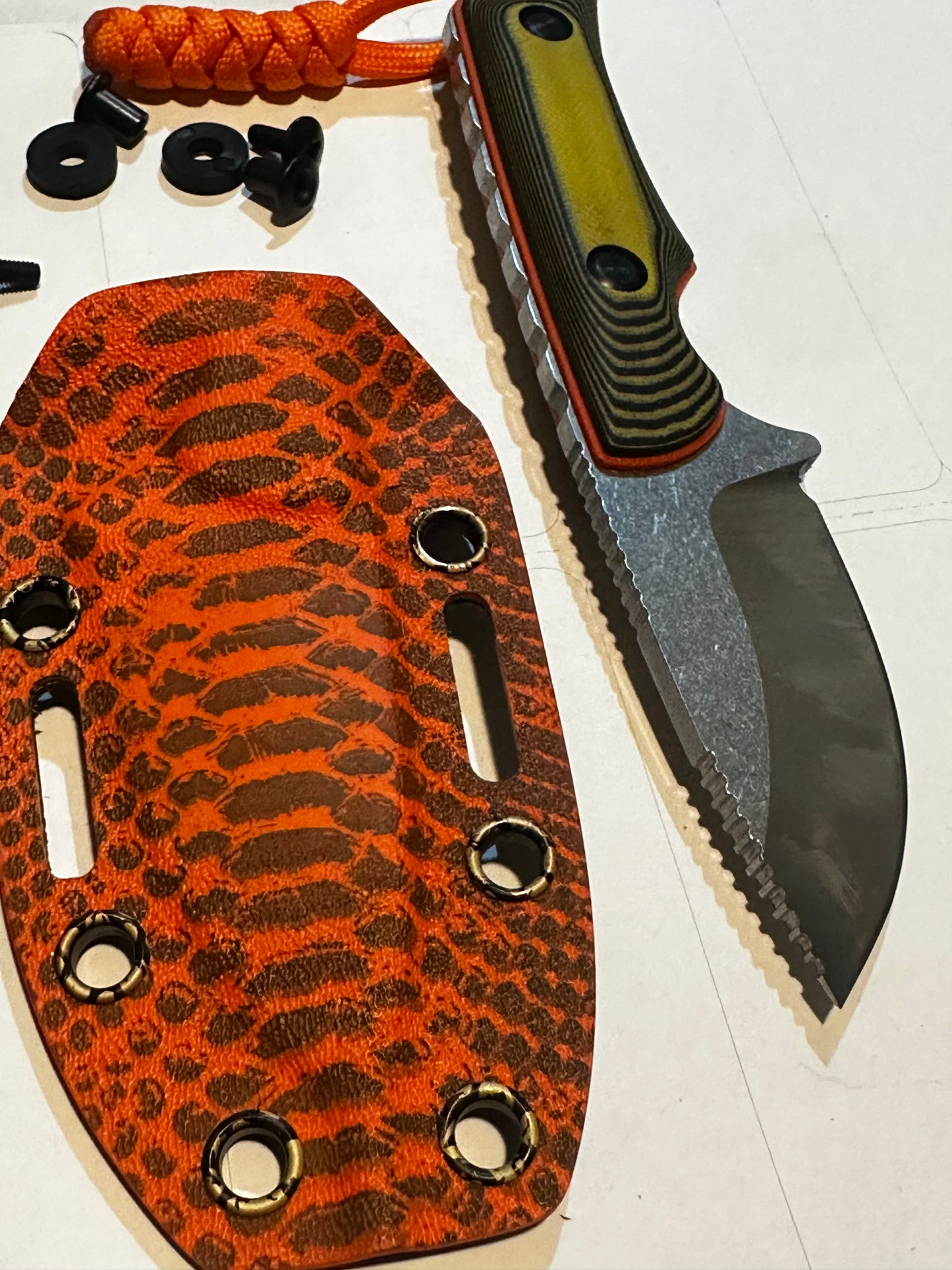 D2 Fixed Blade EDC Knife w/ Custom Orange Snake Skin Pattern Kydex Sheath G10 Handle Dual Carry Clips 6.3”
