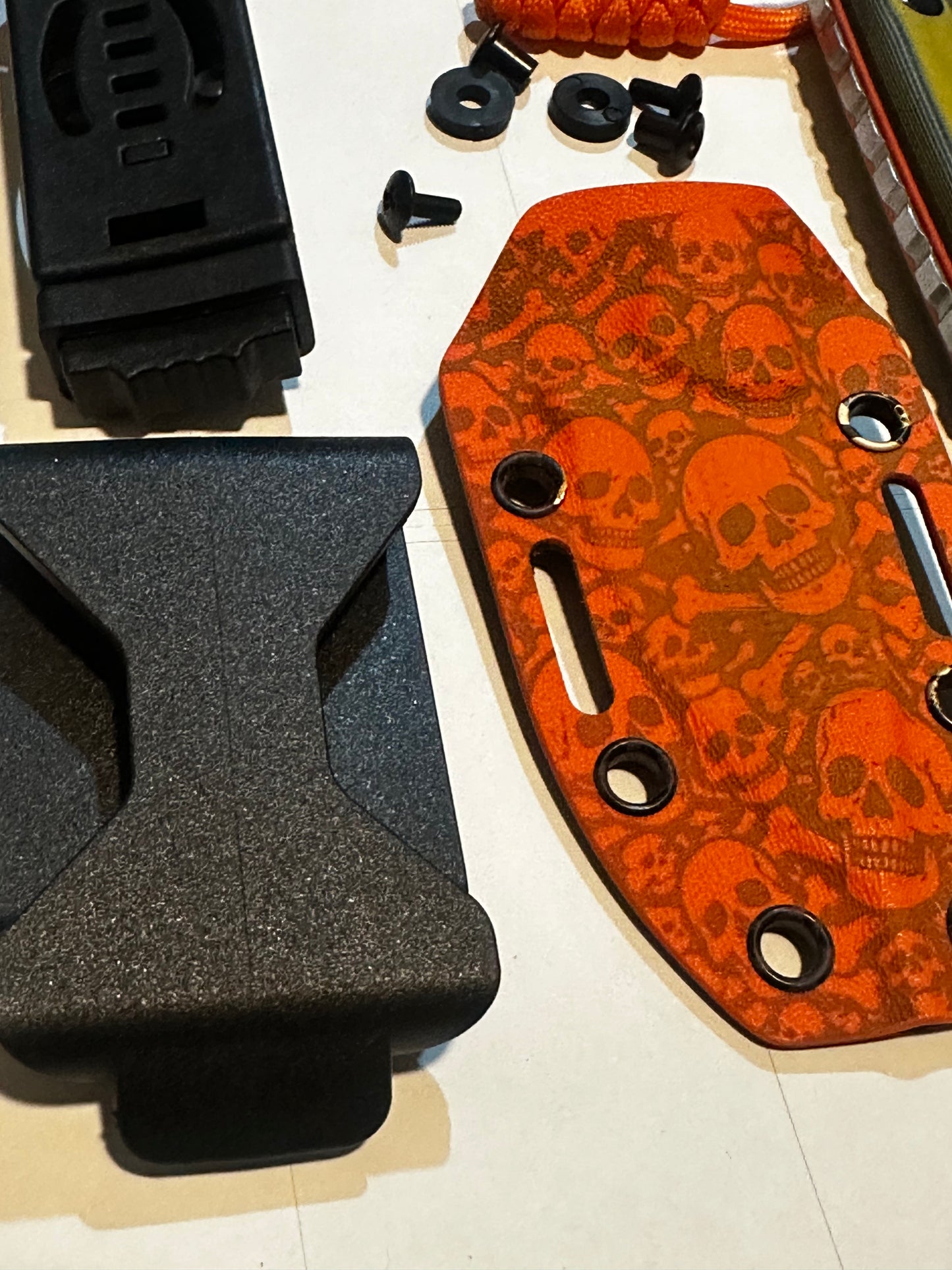 D2 Fixed Blade EDC Knife w/ Custom Orange Skull & Bones Pattern Kydex Sheath G10 Handle Dual Carry Clips 6.3”
