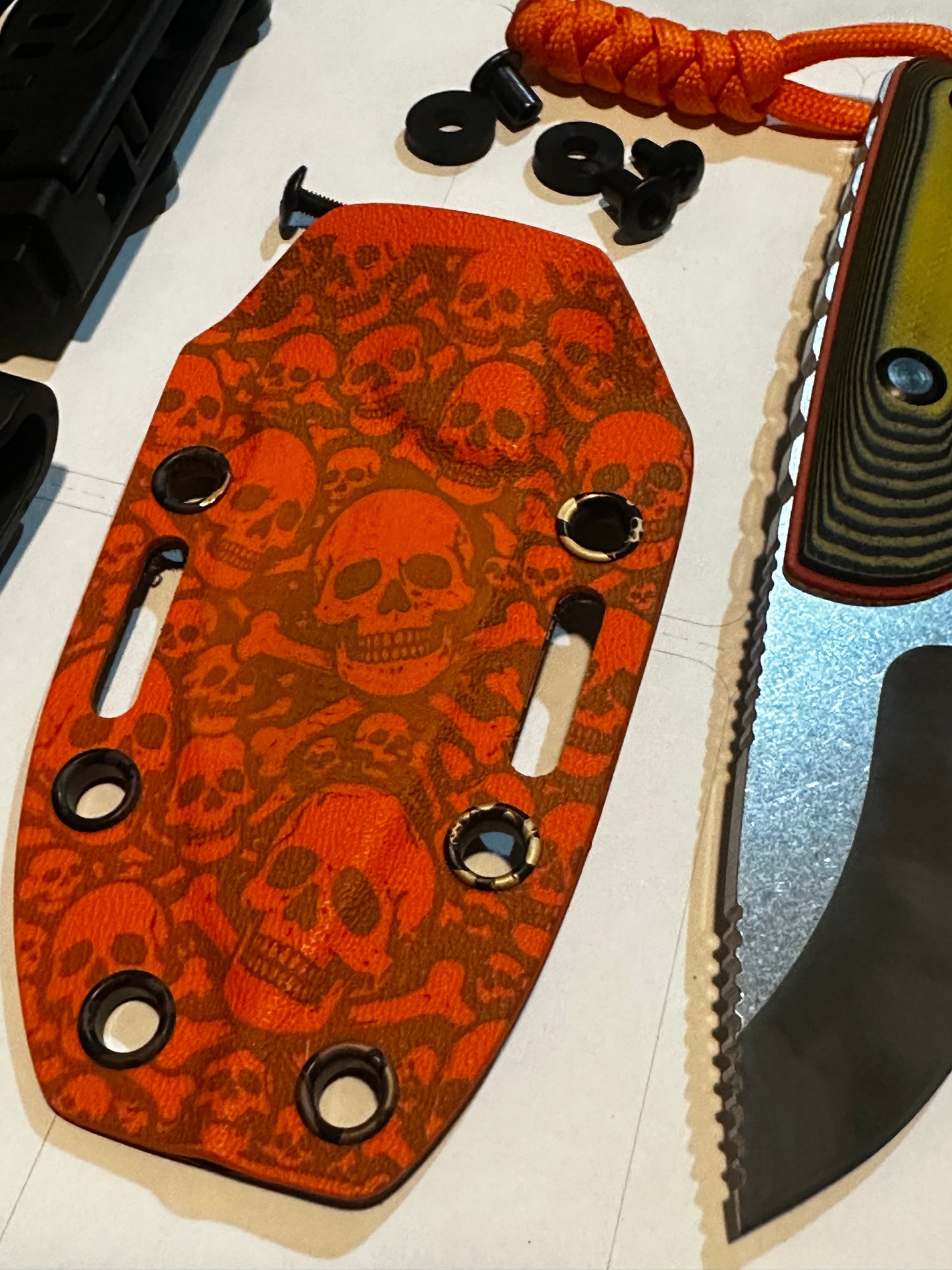 D2 Fixed Blade EDC Knife w/ Custom Orange Skull & Bones Pattern Kydex Sheath G10 Handle Dual Carry Clips 6.3”