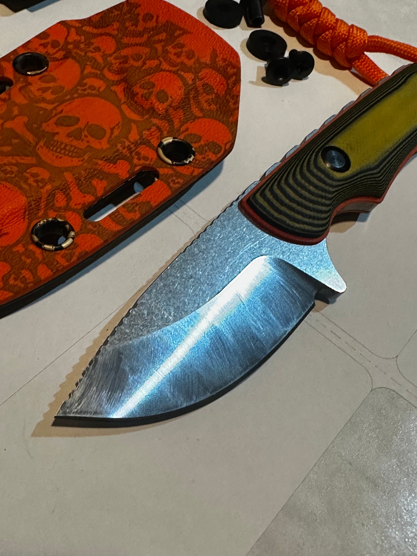 D2 Fixed Blade EDC Knife w/ Custom Orange Skull & Bones Pattern Kydex Sheath G10 Handle Dual Carry Clips 6.3”
